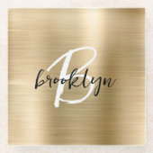 金ゴールドブラシ仕上げメタル白黒スクリプトモノグラム ガラスコースター (正面)