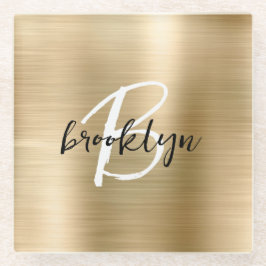 金ゴールドブラシ仕上げメタル白黒スクリプトモノグラム ガラスコースター