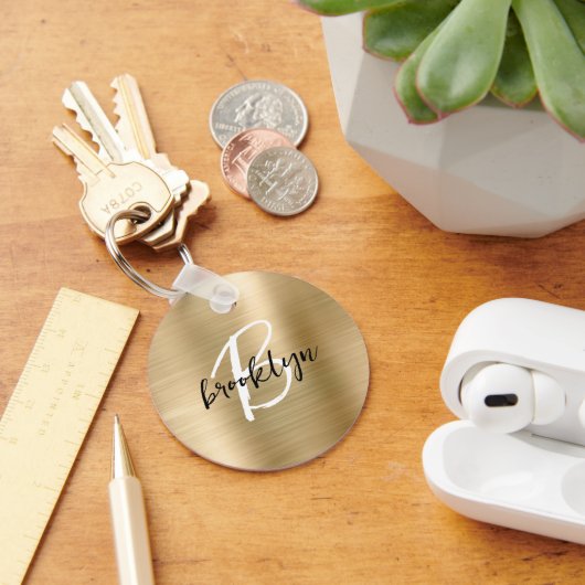 金ゴールドブラシ仕上げメタル白黒スクリプトモノグラム キーホルダー (デスク)