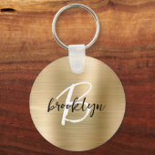 金ゴールドブラシ仕上げメタル白黒スクリプトモノグラム キーホルダー (正面)