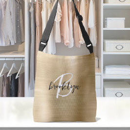 金ゴールドブラシ仕上げメタル白黒スクリプトモノグラム クロスボディバッグ