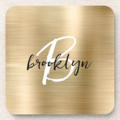 金ゴールドブラシ仕上げメタル白黒スクリプトモノグラム コースター (正面)