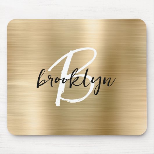 金ゴールドブラシ仕上げメタル白黒スクリプトモノグラム マウスパッド (正面)
