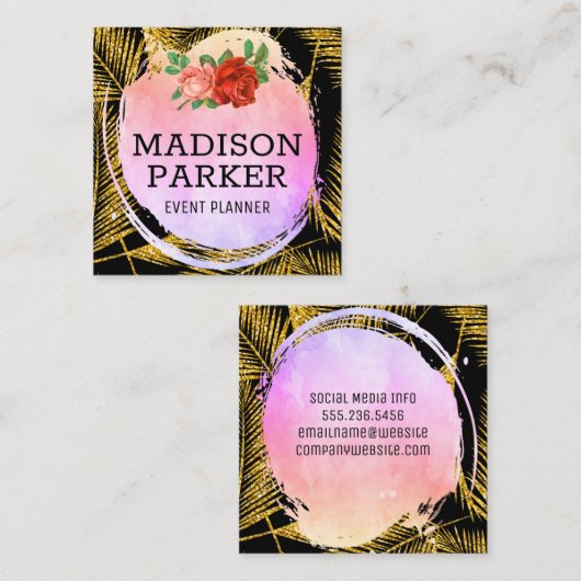 金ゴールドブラシ付きパームリーフパターン スクエア名刺 (正面/裏面)