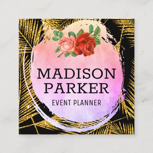 金ゴールドブラシ付きパームリーフパターン スクエア名刺 (正面)