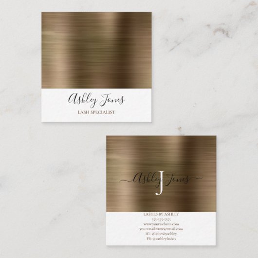 金ゴールドブラシ付きメタルモノグラムスクリエレガントプト スクエア名刺 (正面/裏面)