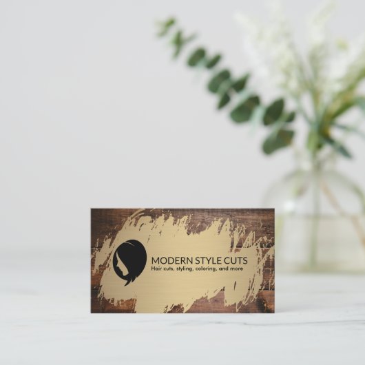 金ゴールドブラシ |木材 |ヘアスタイリスト理容師 名刺 (スタンド正面)