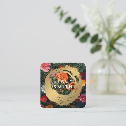 金ゴールドブラシ | 花カラフル類 スクエア名刺 (スタンド正面)