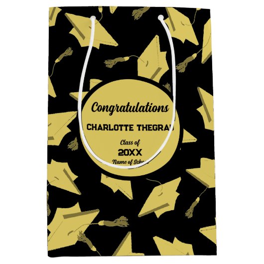 金ゴールドブラックおもしろいパーティー上の卒業キャップ ミディアムペーパーバッグ (正面)