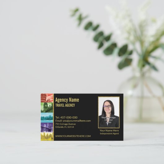 金ゴールドブラックの写真旅行代理店 名刺 (スタンド正面)