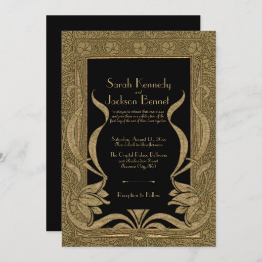 金ゴールドブラックアールヌーボーヴィンエレガントテージ結婚式 招待状 (正面/裏面)