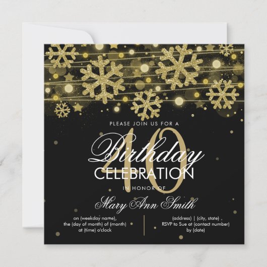 金ゴールドブラックウィンターグリッターグラム40歳誕生日 招待状 (正面)