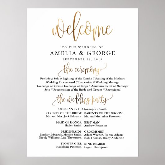 金ゴールドブラックウェルカムウェディングプログラムのサイン ポスター (正面)