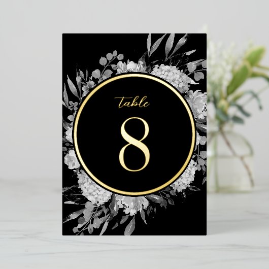 金ゴールドブラックウォーター結婚カラーフローラのテーブル番号 箔招待状 (立ち正面)