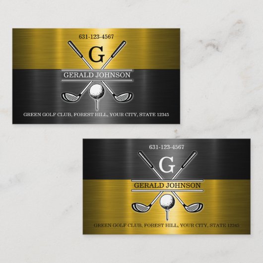 金ゴールドブラックエレガントゴルフモノグラム名刺 名刺 (正面/裏面)