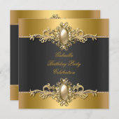 金ゴールドブラックエレガントバースデーパーティーパール 招待状 (正面/裏面)