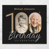 金ゴールドブラックエレガントフォト100th誕生日パーティー スパークリングワインラベル (シングルラベル)