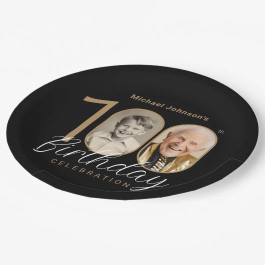 金ゴールドブラックエレガントフォト100th誕生日パーティー ペーパープレート (アングル)