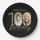 金ゴールドブラックエレガントフォト100th誕生日パーティー ペーパープレート (正面)