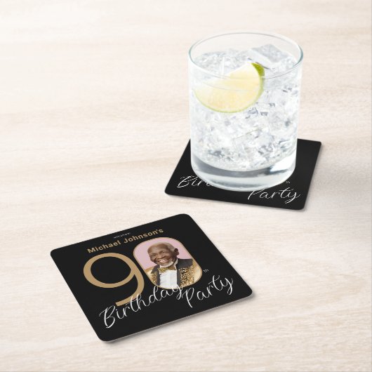 金ゴールドブラックエレガントフォト90th誕生日パーティー スクエアペーパーコースター (インサイチュ)