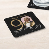 金ゴールドブラックエレガントフォト90th誕生日パーティー スクエアペーパーコースター (アングル)