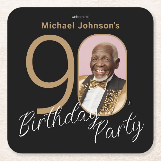金ゴールドブラックエレガントフォト90th誕生日パーティー スクエアペーパーコースター (正面)