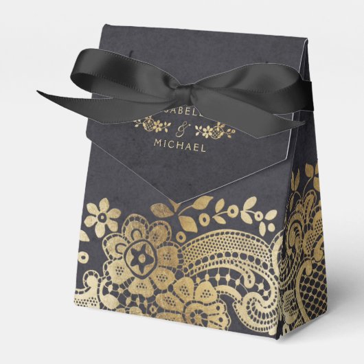 金ゴールドブラックエレガントヴィンテージレース結婚式の引き出物 フェイバーボックス (正面サイド)