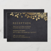 金ゴールドブラックエレガントヴィンテージレース結婚式 招待状 (正面/裏面)