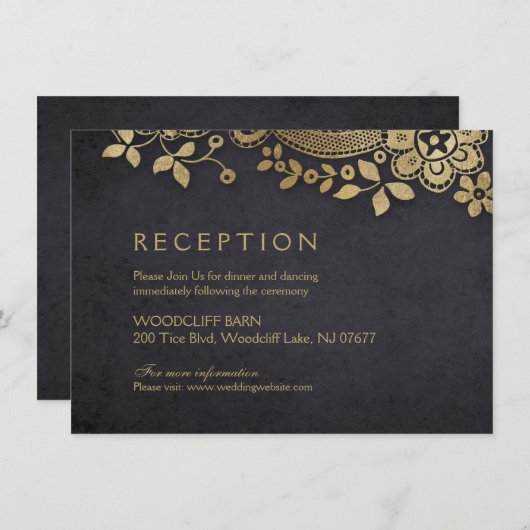 金ゴールドブラックエレガントヴィンテージレース結婚式 招待状 (正面/裏面)