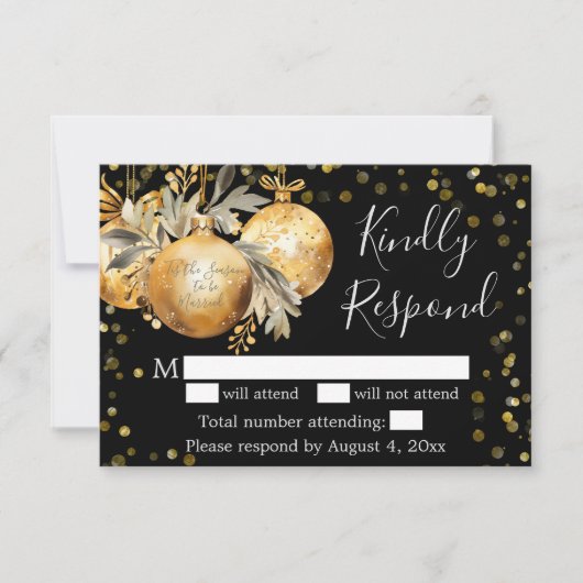 金ゴールドブラッククリスマスウェディングRSVPカード サンキューカード (正面)