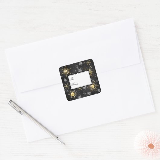 金ゴールドブラッククリスマススノーフレーククリスマスズホリデー スクエアシール (封筒)