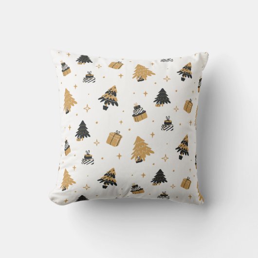 金ゴールドブラッククリスマスツリーとギフトパターン クッション (正面)