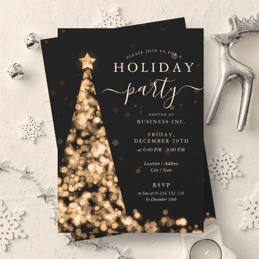 金ゴールドブラッククリスマスツリーカンパニーホリデーパーティー 招待状
