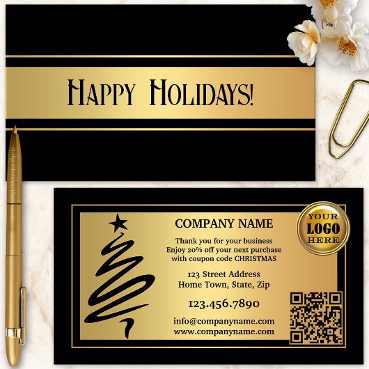 金ゴールドブラッククリスマスホリデーズサンキュー 名刺