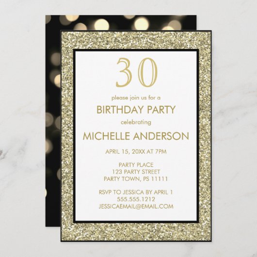 金ゴールドブラックグラマー誕生日パーティー 招待状 (正面/裏面)