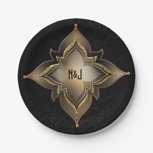 金ゴールドブラックグラムエキゾチックシックな花パーティー ペーパープレート (正面)