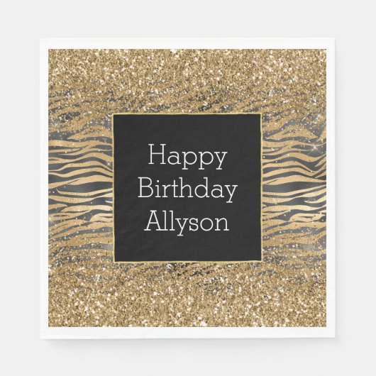 金ゴールドブラックグリジーグリッタースパークルゼブラプリント スタンダードランチョンナプキン (正面)