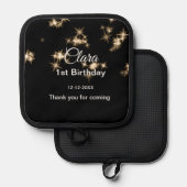 金ゴールドブラックグリッターの追加name誕生日の年tex 鍋敷き (正面/裏面)