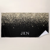 金ゴールドブラックグリッターガーリーモノグラムイニシャル ビーチタオル (正面)