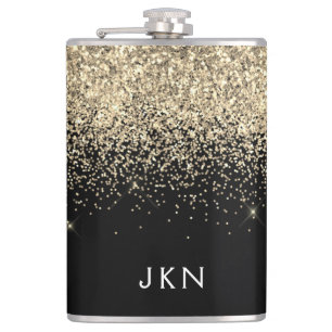 金ゴールドブラックグリッターガーリーモノグラムイニシャル フラスク