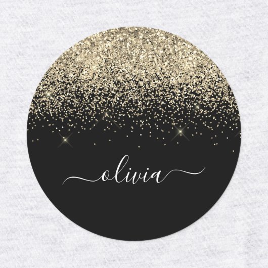 金ゴールドブラックグリッターシックモノグラム名 ラベル (デザイン1)