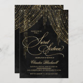 金ゴールドブラックグリッタースウィート16誕生日 招待状 (正面/裏面)