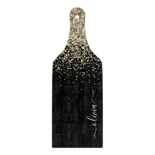 金ゴールドブラックグリッタースクリプトモノグラムガーリー名 カッティングボード (正面)