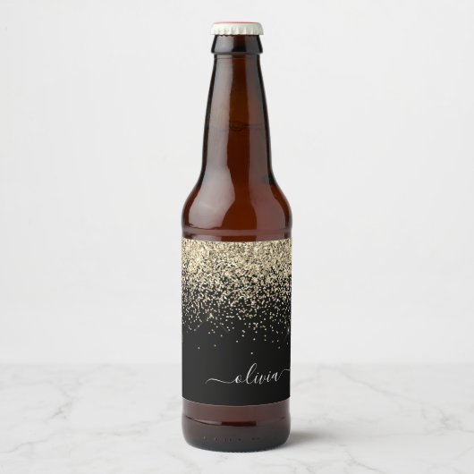 金ゴールドブラックグリッタースクリプトモノグラムガーリー名 ビールラベル (正面)