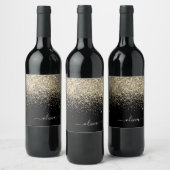 金ゴールドブラックグリッタースクリプトモノグラムガーリー名 ワインラベル (ボトル)
