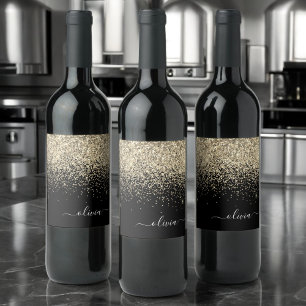 金ゴールドブラックグリッタースクリプトモノグラムガーリー名 ワインラベル