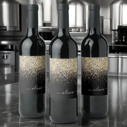 金ゴールドブラックグリッタースクリプトモノグラムガーリー名 ワインラベル