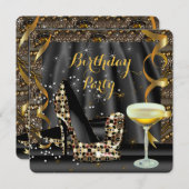 金ゴールドブラックグリッターハイヒールシャンパンパーティー 招待状 (正面/裏面)