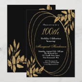 金ゴールドブラックグリッター100誕生祝い 招待状 (正面/裏面)