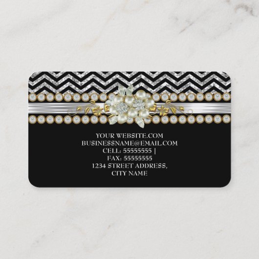 金ゴールドブラックシルバーシェブロンダイヤモンドパールフローラ 名刺 (裏面)